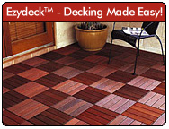 Ezydeck - the easy-to-use modular decking system. Ezydeck decking tiles are a perfect solution for giving your deck a facelift. They come in assorted styles and with their interlocking bases, makes installing them a snap! For more information, click here, or visit http://www.ezydeck.com